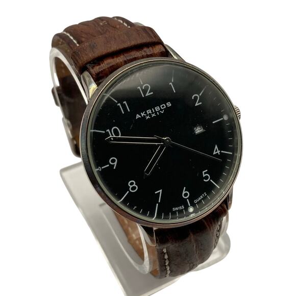 Men's Akribos XXIV Swiss Quartz Watch Date/ Time Adjustable Leather Band - Picture 1 of 11